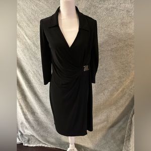 Anne Klein Black Faux Wrap Dress Size 10 With Collar
